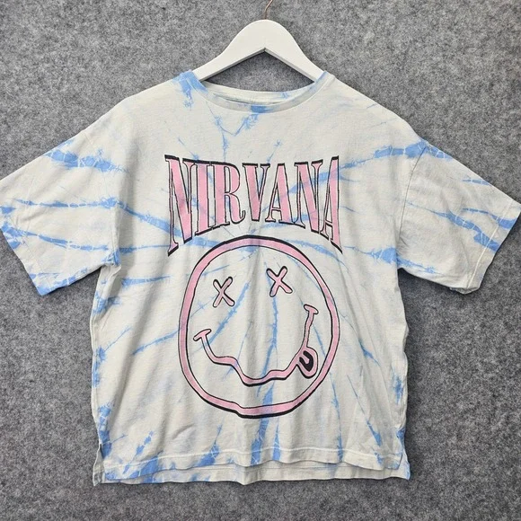 NIRVANA Tie Dye T Shirt Kids 14 White Blue Smiley Face Band Tee Grunge Y2K ZARA - Picture 1 of 8